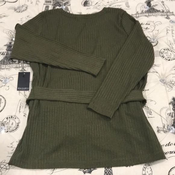 Eloquii Dark Olive Belted Rib Knit Crew Neck Shirt - Picture 7 of 7